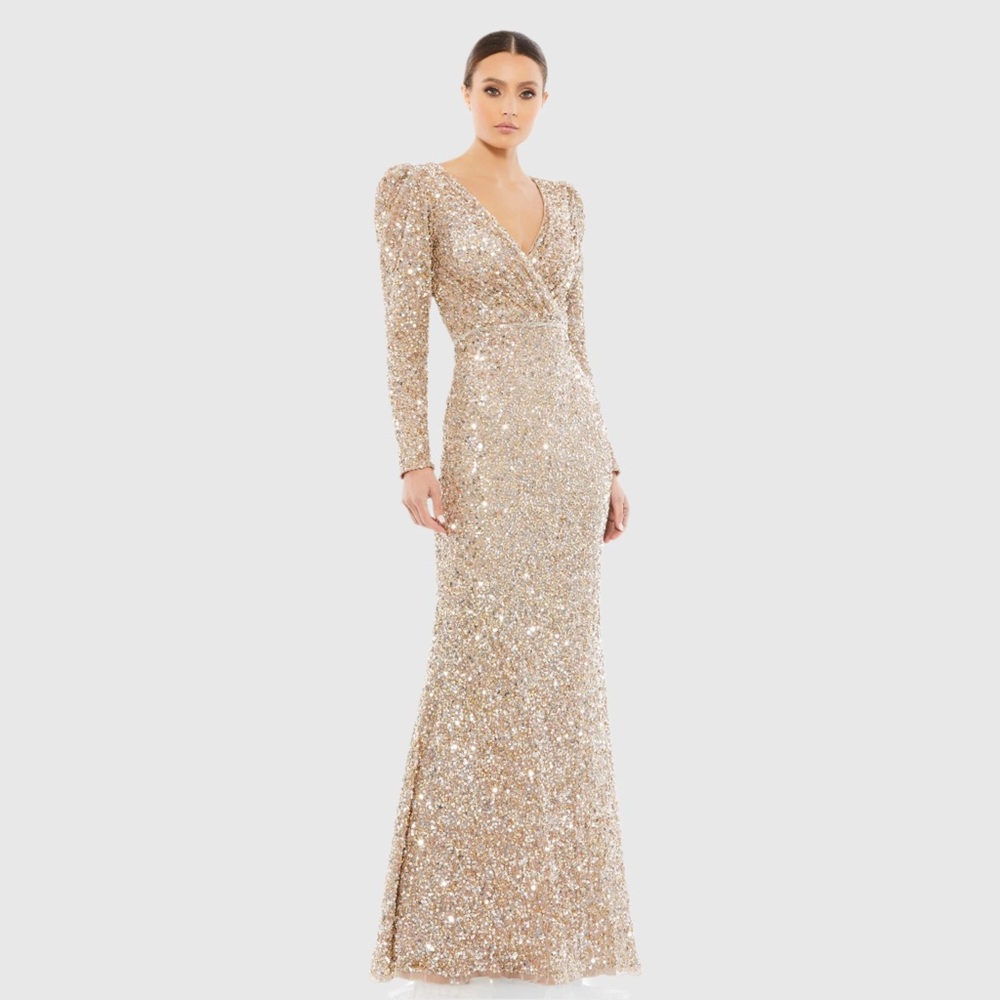 Gold Puff Shoulder Sequined Surplice Gown - Picture 1 of 3
